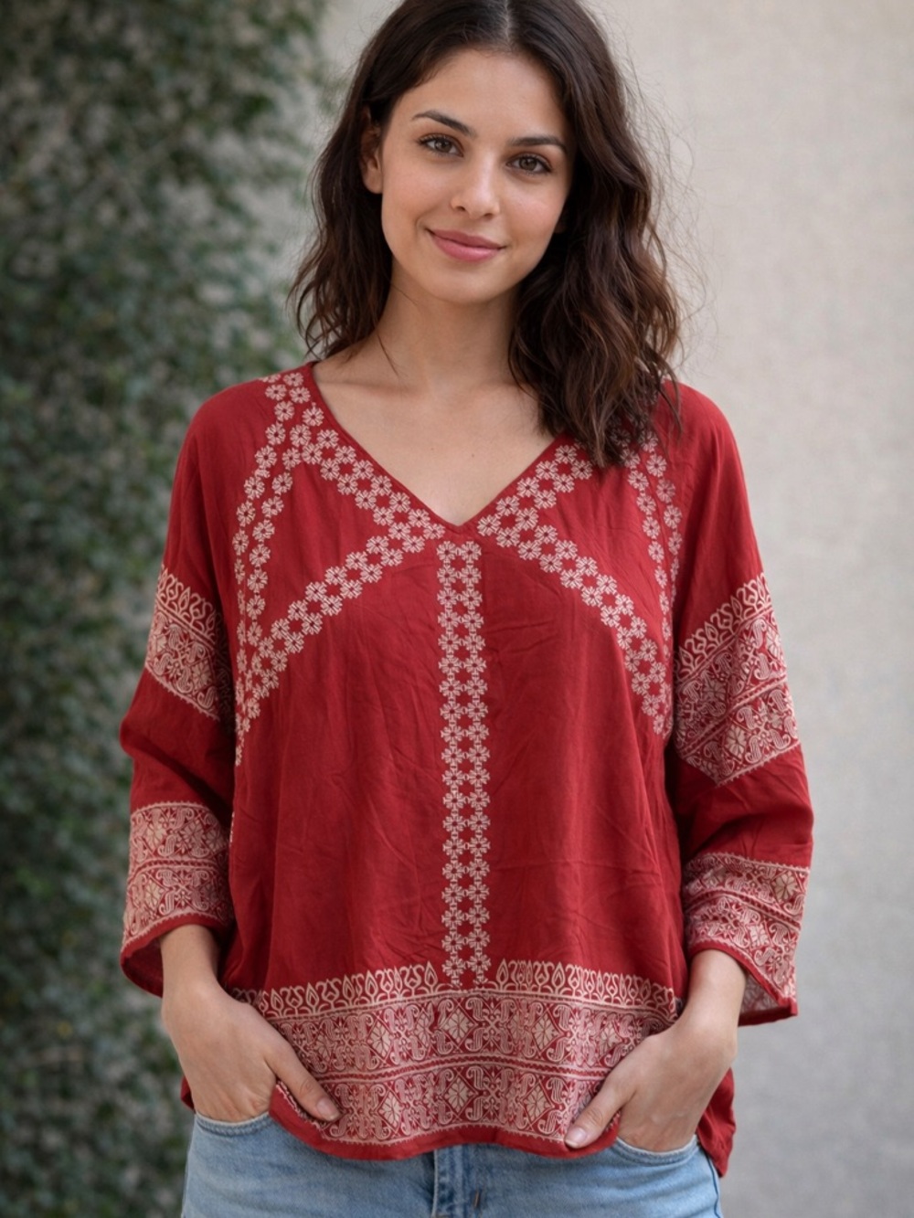 Sundance Embroidered V-Neck Blouse in Deep Rust